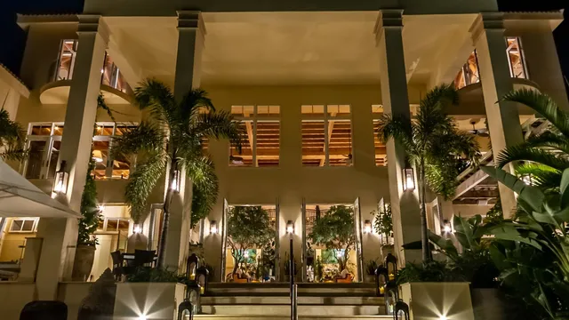 The pool terrace after dark