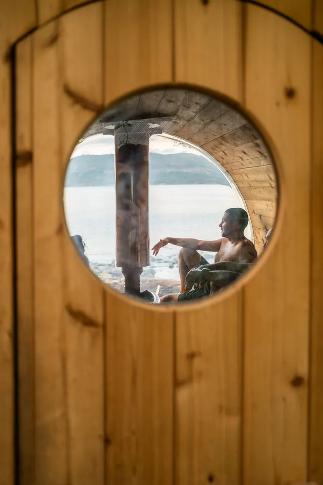 View through the sauna porthole to Johnstone Strait