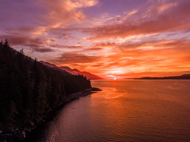 Sunset over Johnstone Strait from above the camp