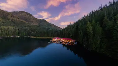 Nootka Sound Resort floating lodge at dusk