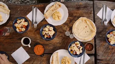 Breakfast laid out on the long table