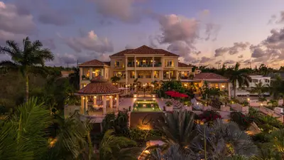 Quintessence Hotel, Anguilla, at dusk above the infinity pool