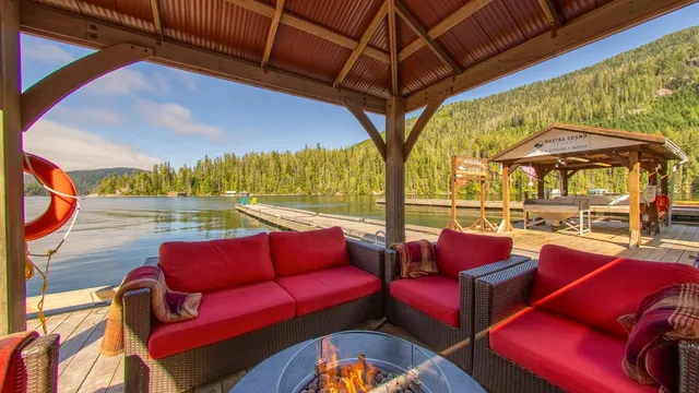 Covered deck seating over the water at Nootka Sound Resort