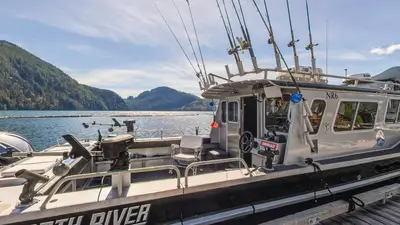 North River guide boat rigged for salmon fishing, Nootka Sound
