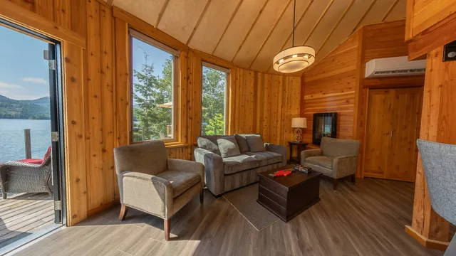 Living room and full kitchen inside a luxury cedar yurt